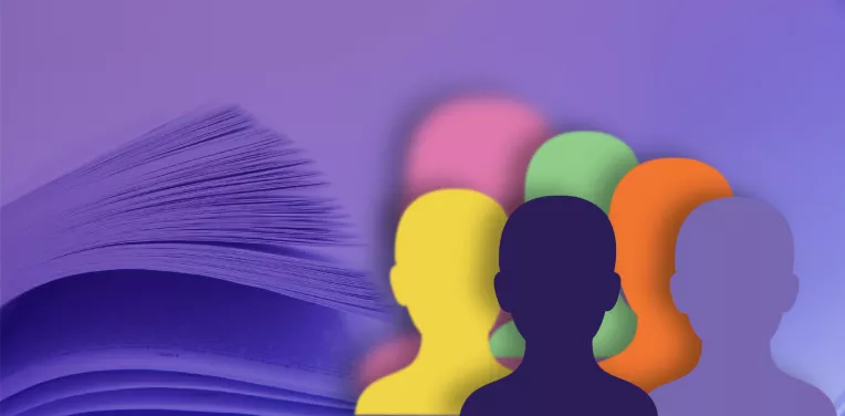 Photo of an open book, icons of colourful heads in front